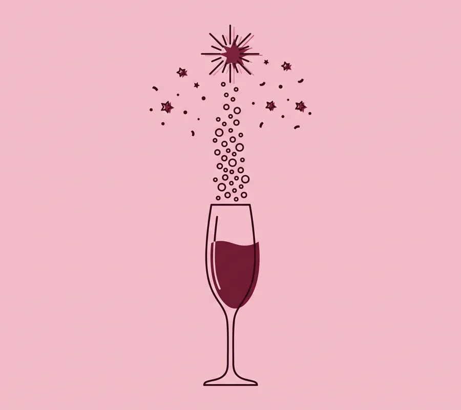 Linjeteckning av ett champagneglas där bubblorna skjuter uppåt som en uppskjutning