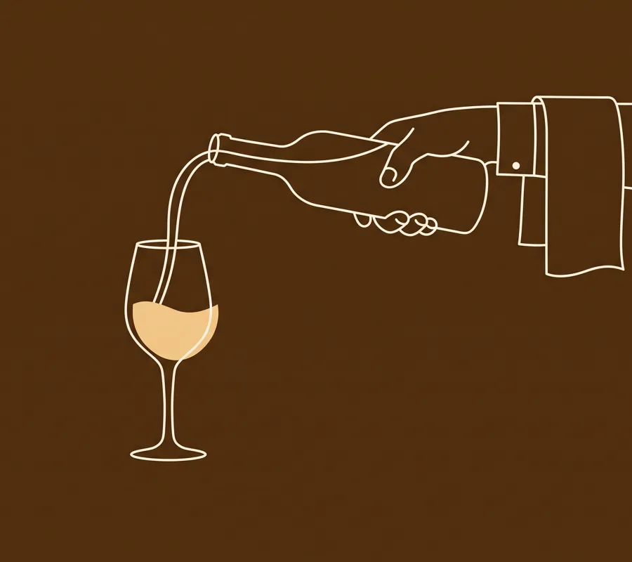 Linjeteckning av en värd som häller upp vin i en gästs glas