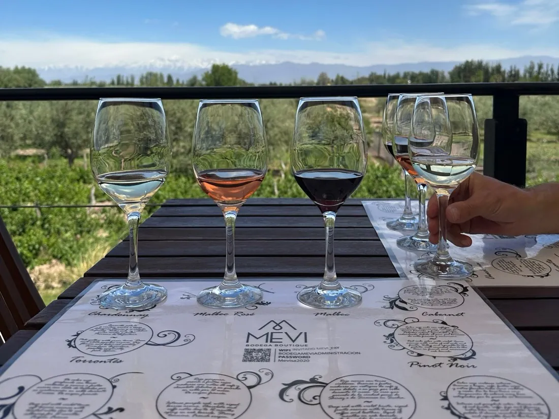 Ett provningsglas med vitt, rosé och rött vin på ett bord med utsikt över vingårdar och berg