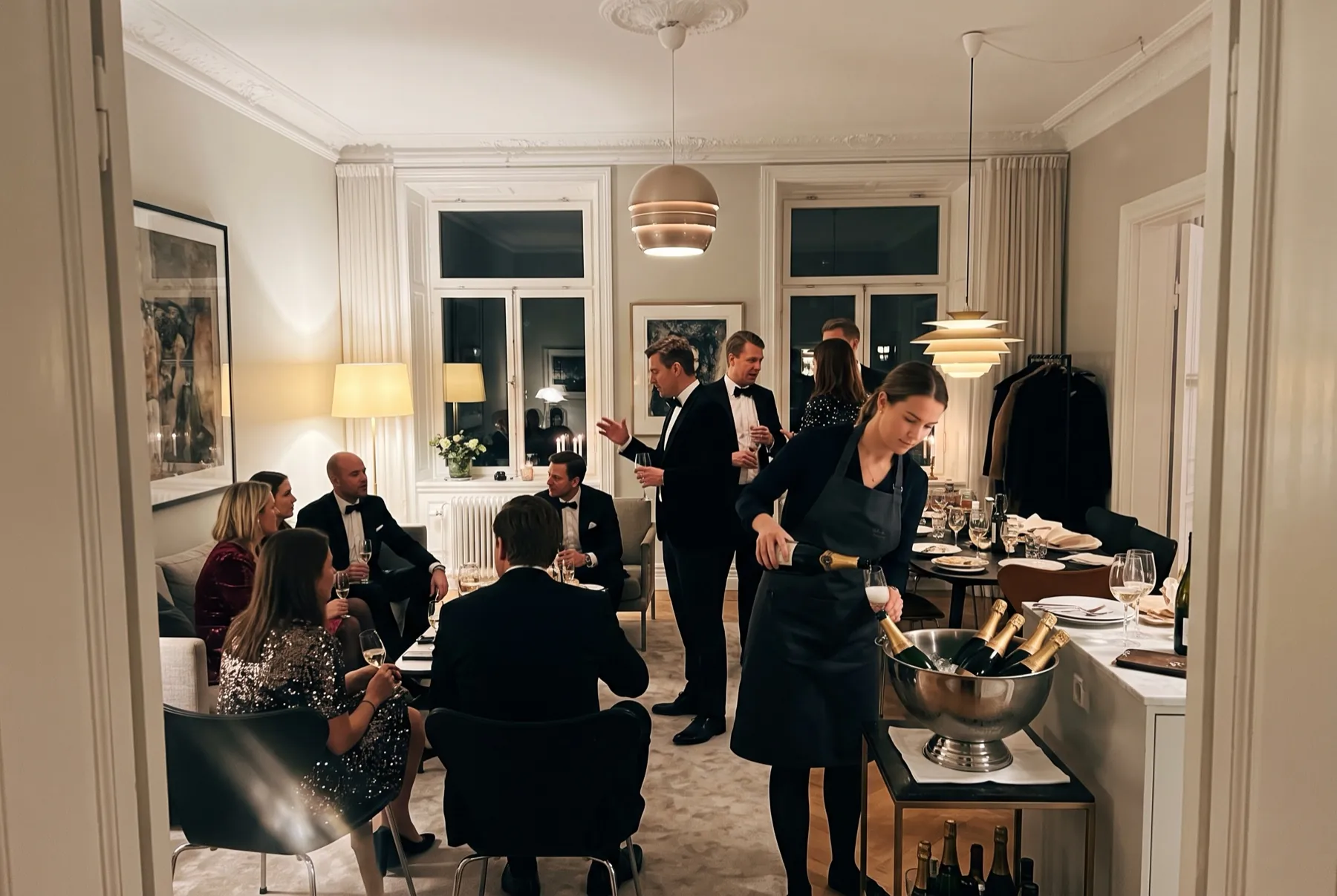 Nyårsfest i en lägenhet, champagne kyls i en hink medan gästerna skålar