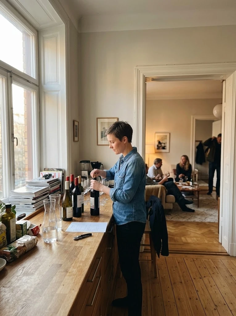 En sommelier öppnar värdens flaskor vid köksbänken och ställer dem i provningsordning medan gästerna pratar i vardagsrummet